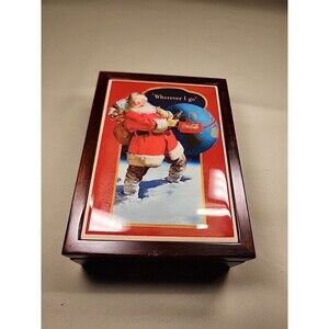 Wooden Lacquer Trinket box With Santa Around The World  holding a Coca Cola Ang